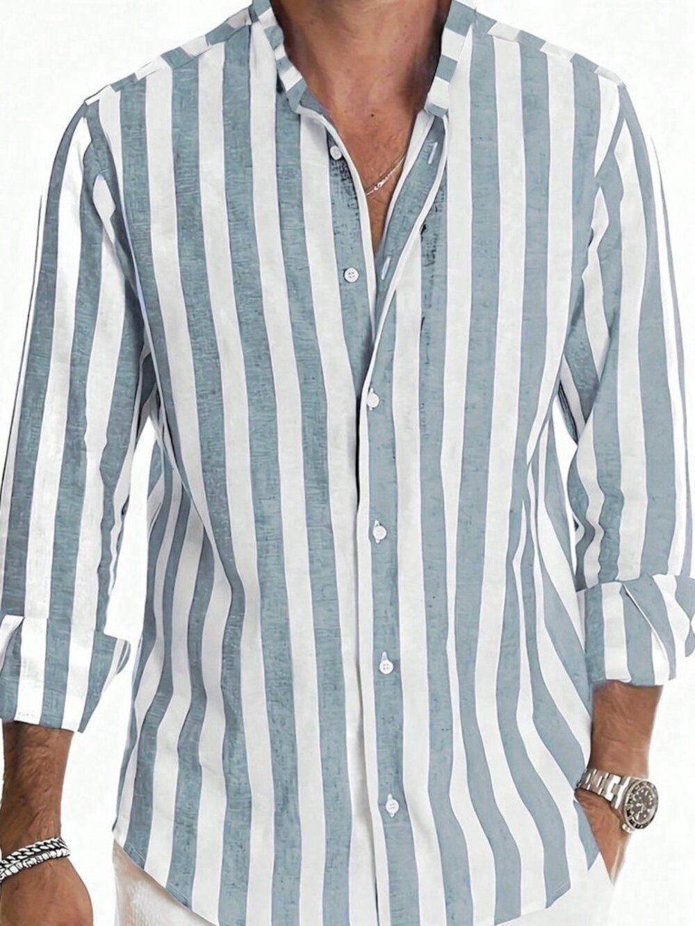 Blue Men's Striped Regular Fit Stand Collar Button Front Long Sleeve Shirt